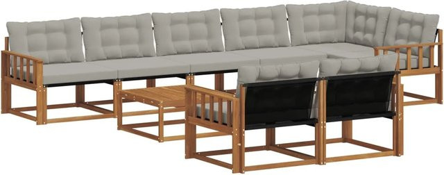 vidaXL Outdoor-Sofagarnitur 9-tlg. aus massivem Akazienholz mit Textilene und Kissen, L-Form, Grau/Natur - Bild 1