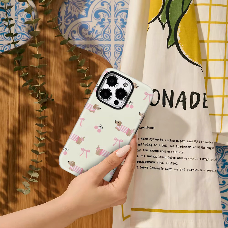 Potdemiel Handyhülle mit Dachshund-Kirschblüten-Kunstdesign für iPhone 11 bis iPhone 18 Pro Max Plus, Doppelschicht-Schutz, Mehrfarbig - Bild 3