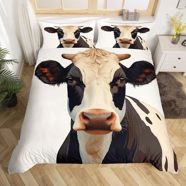 Bettwäsche-Set Your Warm Home Highland Cattle mit geometrischem Holzplanken-Design und Blumen, Farbe: Weiß, B/H: 140 x 210 cm, Kissen: 50 x 70 cm - Bild 1