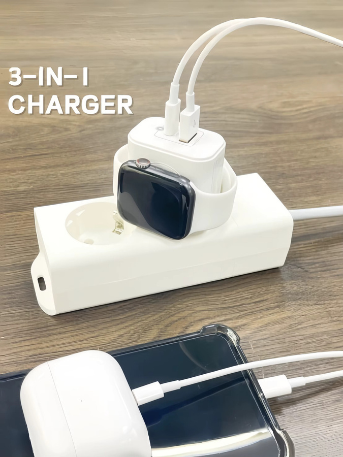 3-in-1 kabelloses Ladegerät in Weiß für Apple Watch und iPhone mit PD20W Schnellladefunktion und USB-C sowie USB-A Anschlüssen - Bild 1