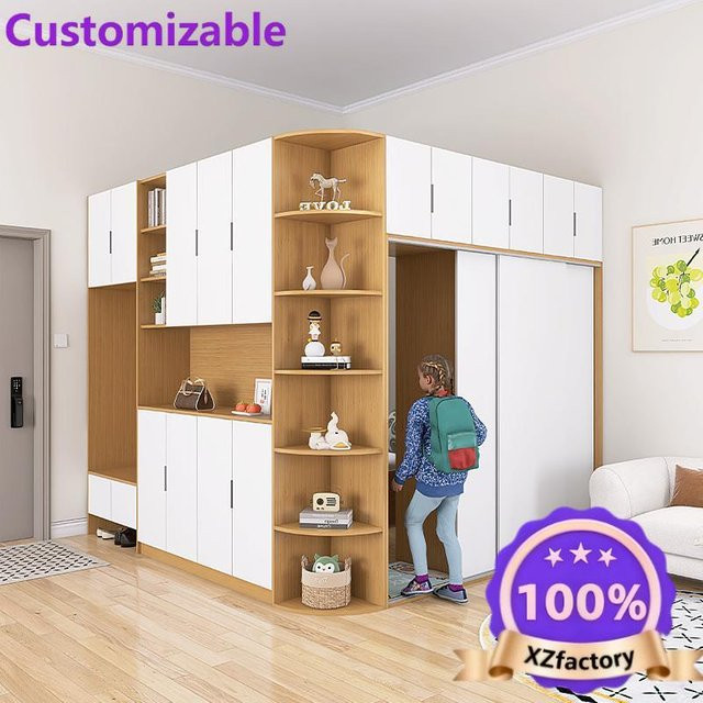 Modernes Wohnzimmer-Möbelset aus Holz in Weiß mit Bett, Kleiderschrank, Schreibtisch und Trennwand für Schlafzimmer oder kleine Wohnungen - Bild 1