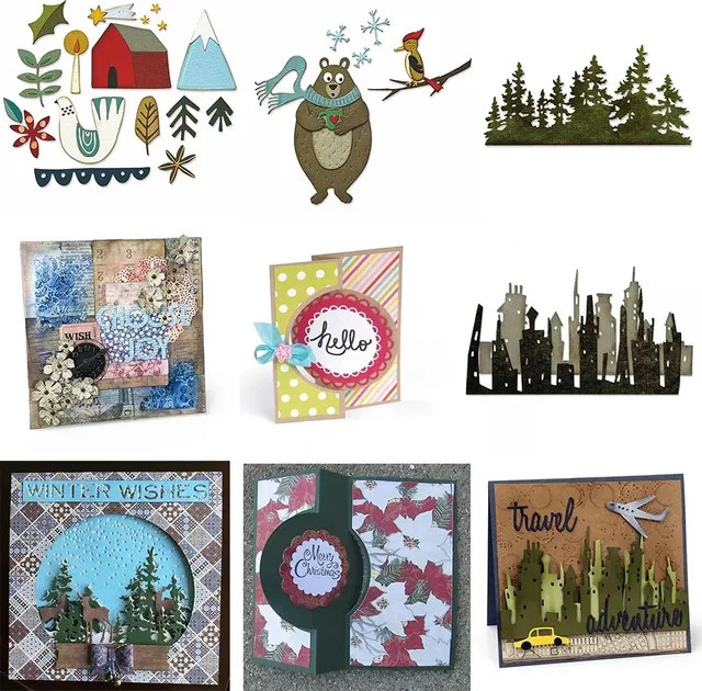 Nordic Elements Metall-Stanzformen für Scrapbooking und Kartenherstellung Jungle Tree Line und Bear With Scarf Cityscape Circle Multicolor - Bild 1