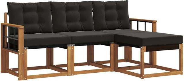 vidaXL Outdoor-Sofagarnitur 4-teilig aus Akazienholz und Textilene in Schwarz und Natur mit Kissen - Bild 1