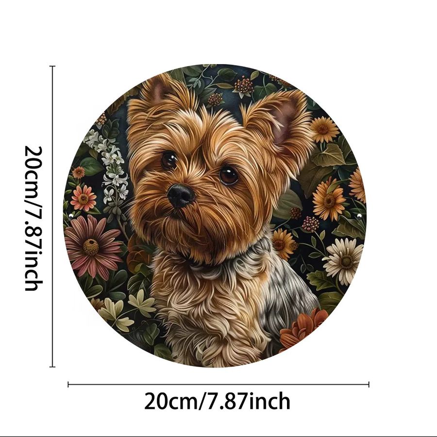 Rundes Metall-Wandkunstschild von Potdemiel mit Yorkshire-Terrier und Blumenmuster im rustikalen Design - Bild 3