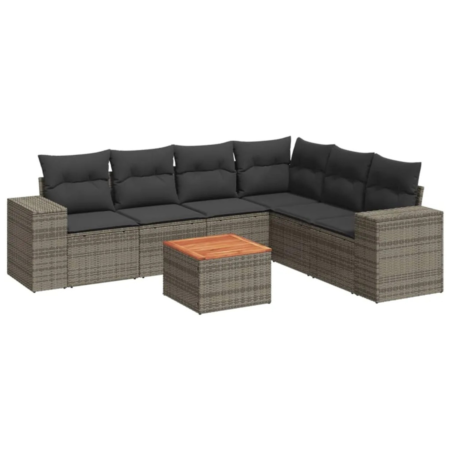 vidaXL 7-tlg Garten-Sofagarnitur in L-Form aus Polyrattan und Akazienholz mit Kissen in Grau - Bild 2