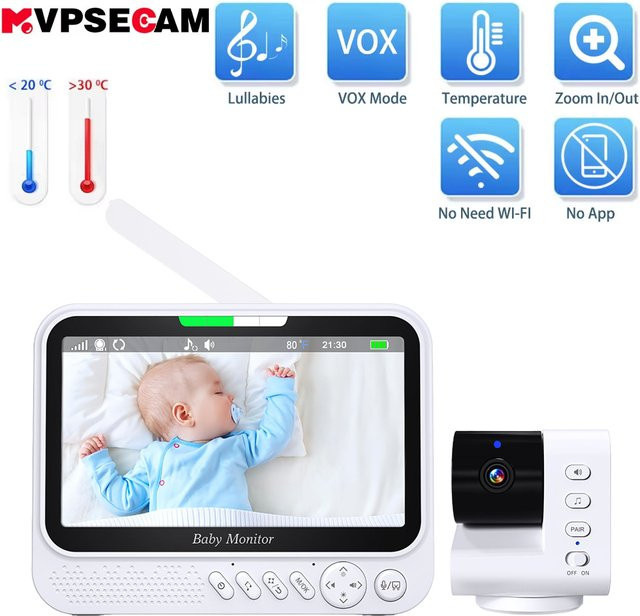 MvpSecam Babyphone mit 7,0-Zoll-Bildschirm, PTZ-Zoom-Kamera, Temperaturanzeige und 5000 mAh Akku, Weiß - Bild 1