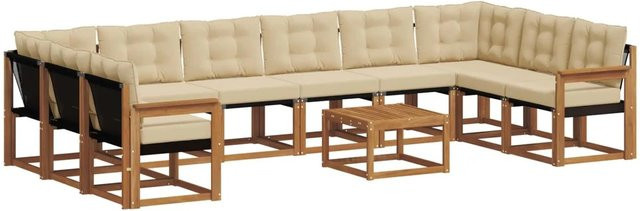 vidaXL Outdoor-Sofagarnitur in U-Form aus massivem Akazienholz mit Textilene und Kissen, 11-teilig, Natur-Beige - Bild 1