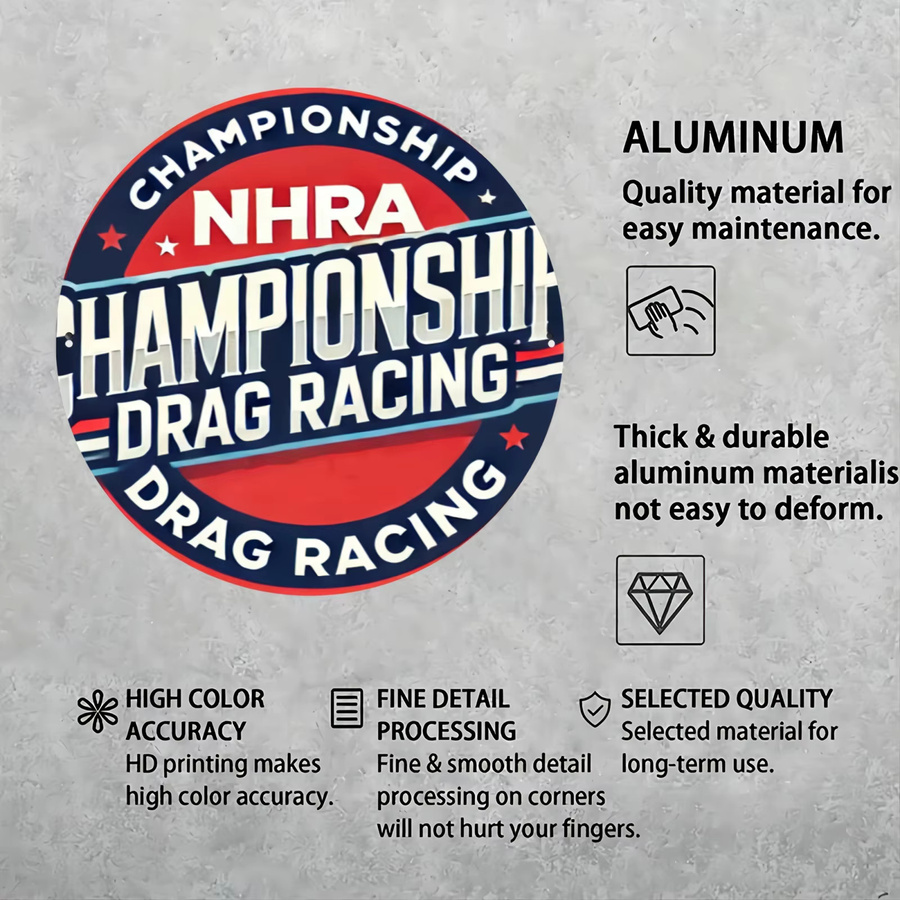 Potdemiel NHRA Championship Metall-Wandkunst – Rundes Aluminiumschild im Drag Racing Design mit Sternen, Farbe: Rot und Blau, Durchmesser: 20,3 cm - Bild 6