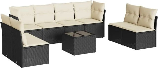 vidaXL 9-tlg. Garten-Sofagarnitur in U-Form aus Polyrattan mit Kissen und Tisch, Schwarz - Bild 1