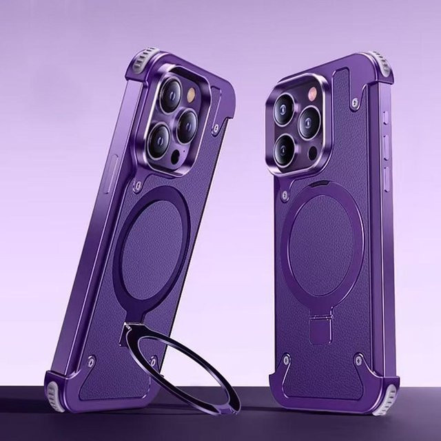 Maoxiaowei Echtleder MagSafe Magnetische Kabellose Ladehülle mit 360 Grad Drehbarer Ringständer für iPhone 17 16 15 14 13 Pro Max Stoßfeste Hülle in Violett - Bild 1