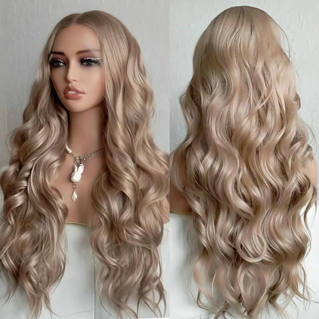 RONGDUOYI Lace-Front-Perücke, synthetisch, aschblond, lange lockige Körperwelle, Damen - Bild 1