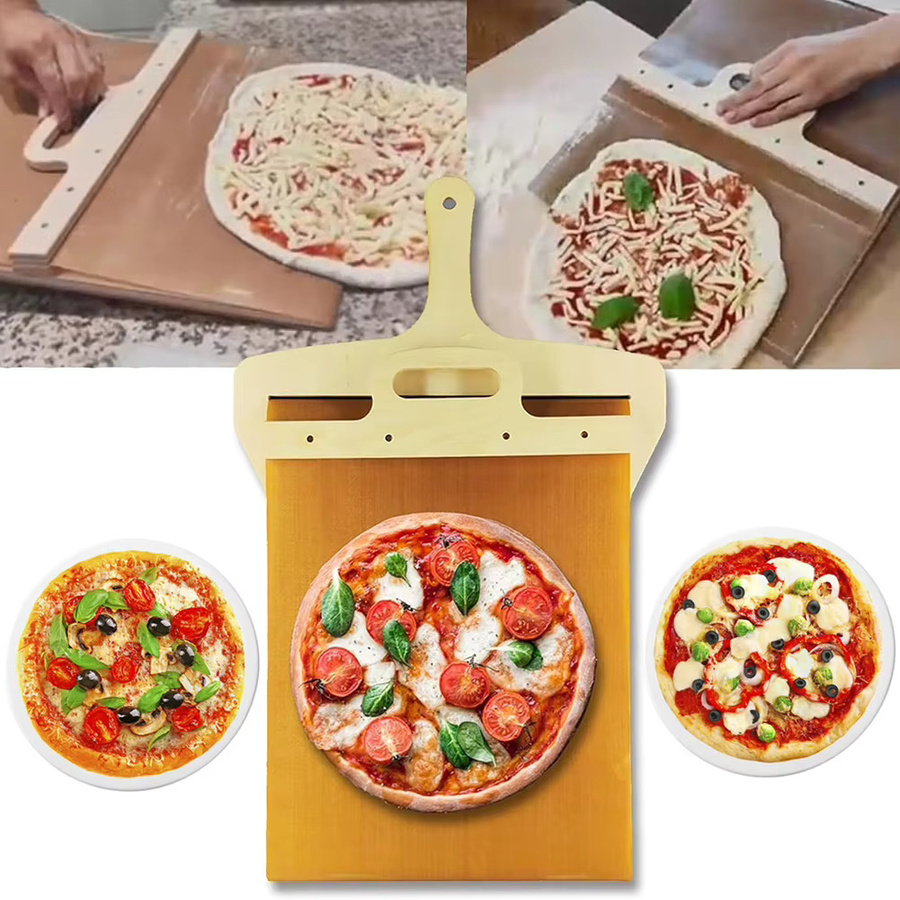 VKTECH Tragbare Pizza Schaufel mit Antihaftbeschichtung und hitzebeständigem Tuch, rechteckiges Teigtablett aus Holz - Bild 2