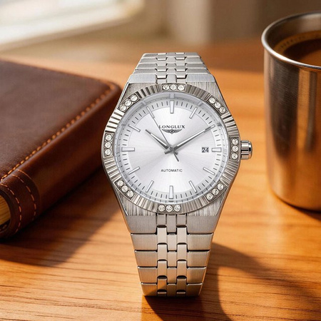 LONGLUX Automatikuhr, Edelstahl, Diamant, Herren, Weiß, Datum