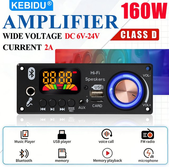 KEBIDU 160W Bluetooth Verstärker und MP3 WAV Decoder Board mit FM, TF, USB und Mikrofonanschluss in Schwarz - Bild 1