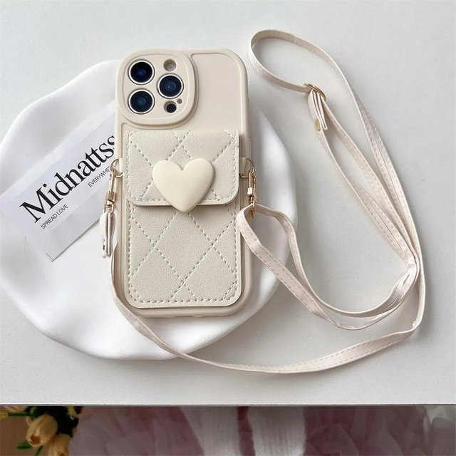 Herz-Lanyard Crossbody-Halskettenband mit Kartenhalter und Handyhülle für Apple iPhone 16 15 14 13 12 11 Pro Max Plus in Beige - Bild 1