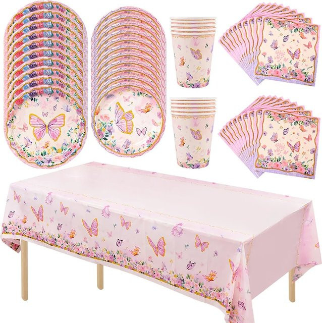ZQNYCY Einweggeschirr Set aus Papier mit Schmetterlings- und Blumenmuster in Rosa für Geburtstag, Babyparty oder Hochzeit - Bild 1