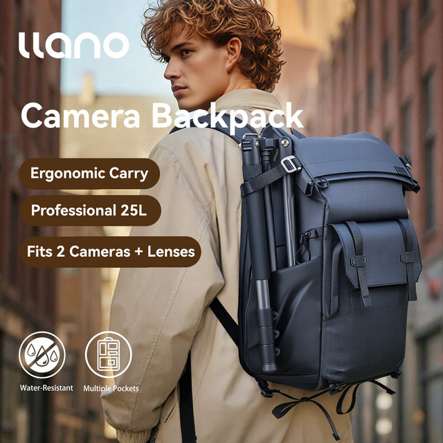 llano Kamerarucksack 25L in Schwarz, erweiterbarer Rolltop-Reiserucksack für DSLR und spiegellose Kameras mit Fach für 15,6-Zoll-Laptop - Bild 1