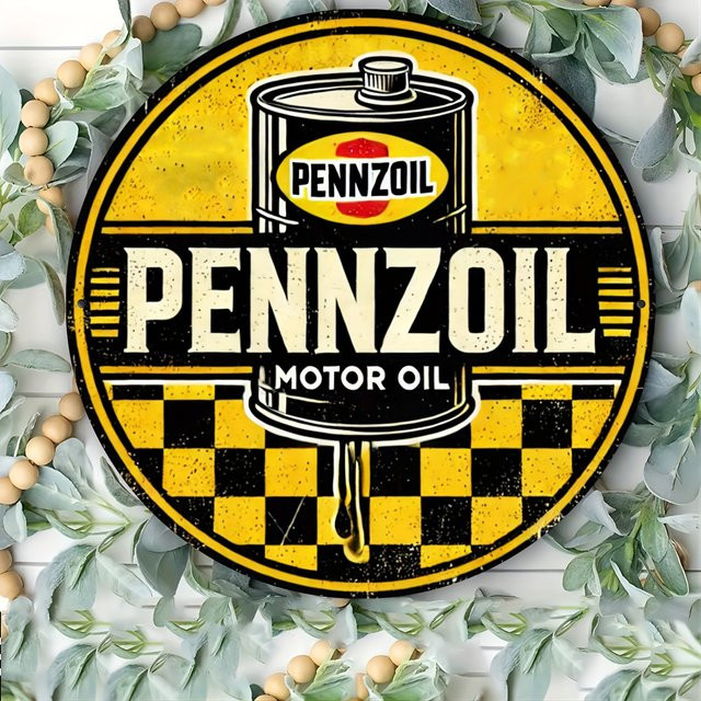 Pennzoil Vintage rundes Aluminium-Wandschild im Retro-Design mit kariertem Muster, rot/schwarz/mehrfarbig, Durchmesser: 20 cm - Bild 1