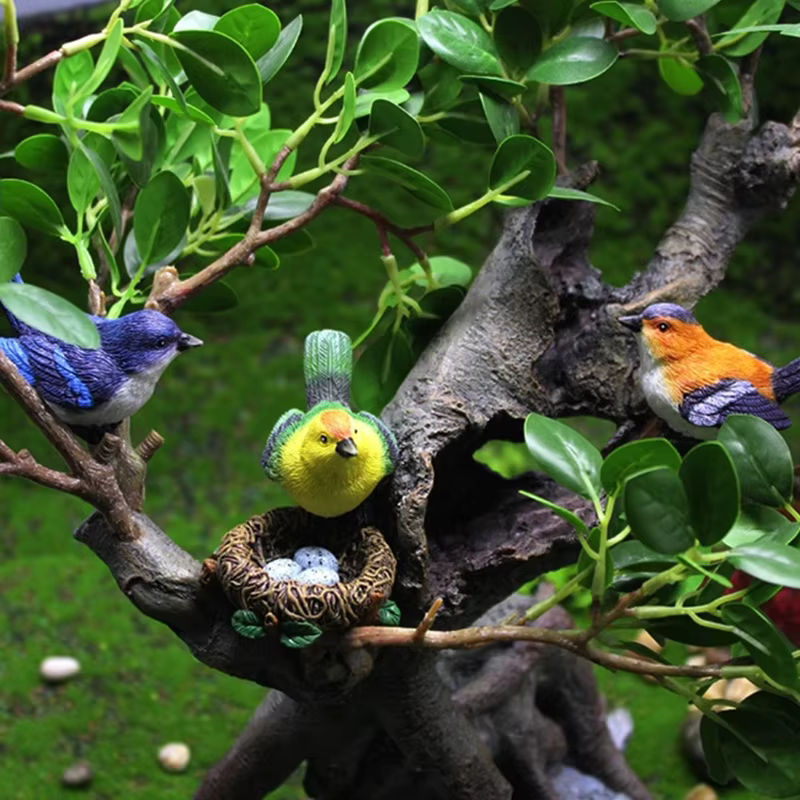 4er Set Birdie Figuren aus Kunstharz als Micro Landschaft Ornamente mit Vogelnest und Eiern in Mehrfarbig für Bonsai und Puppenhaus Dekoration - Bild 3