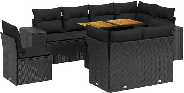 vidaXL 9-tlg Garten-Sofagarnitur in L-Form aus schwarzem Poly-Rattan mit Kissen und pulverbeschichtetem Stahlrahmen - Bild 1