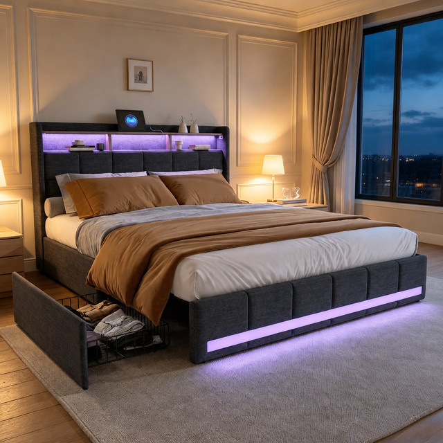 Multifunktionales Doppelbettgestell HYNHXBP aus Leinen in Grau mit LED-Beleuchtung, USB-Ladestation und Aufbewahrungsschubladen, B/T/H: 160 x 200 cm - Bild 1
