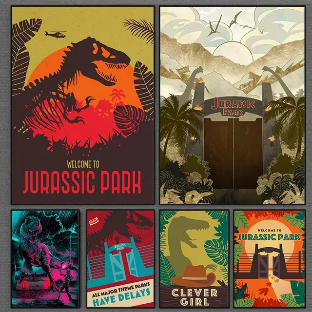 Potdemiel Jurassic Park Dinosaurier Welt Wandkunst Leinwand Poster mit Retro Illustrationen in Mehrfarbig - Bild 1