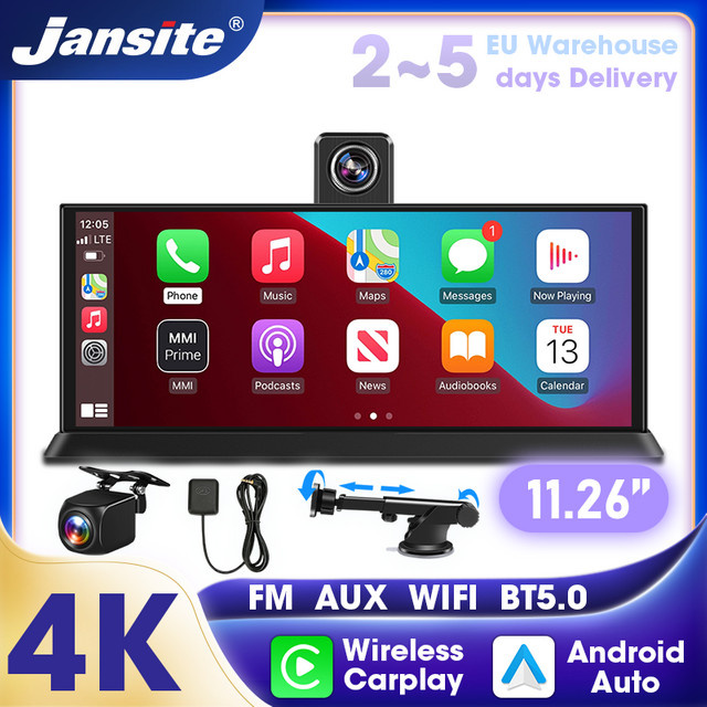 Srnubi 11,26 Zoll Touchscreen Automonitor mit kabellosem CarPlay, Android Auto, Mirror Link, GPS-Navigation und 4K Dual-Lens Dashcam Videorekorder in Schwarz - Bild 1