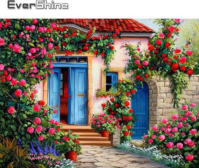 EverShine Diamant-Malerei Haus-Landschaft und Blumen als Mosaik-Stickerei mit Full Round Strass-Steinen - Bild 1