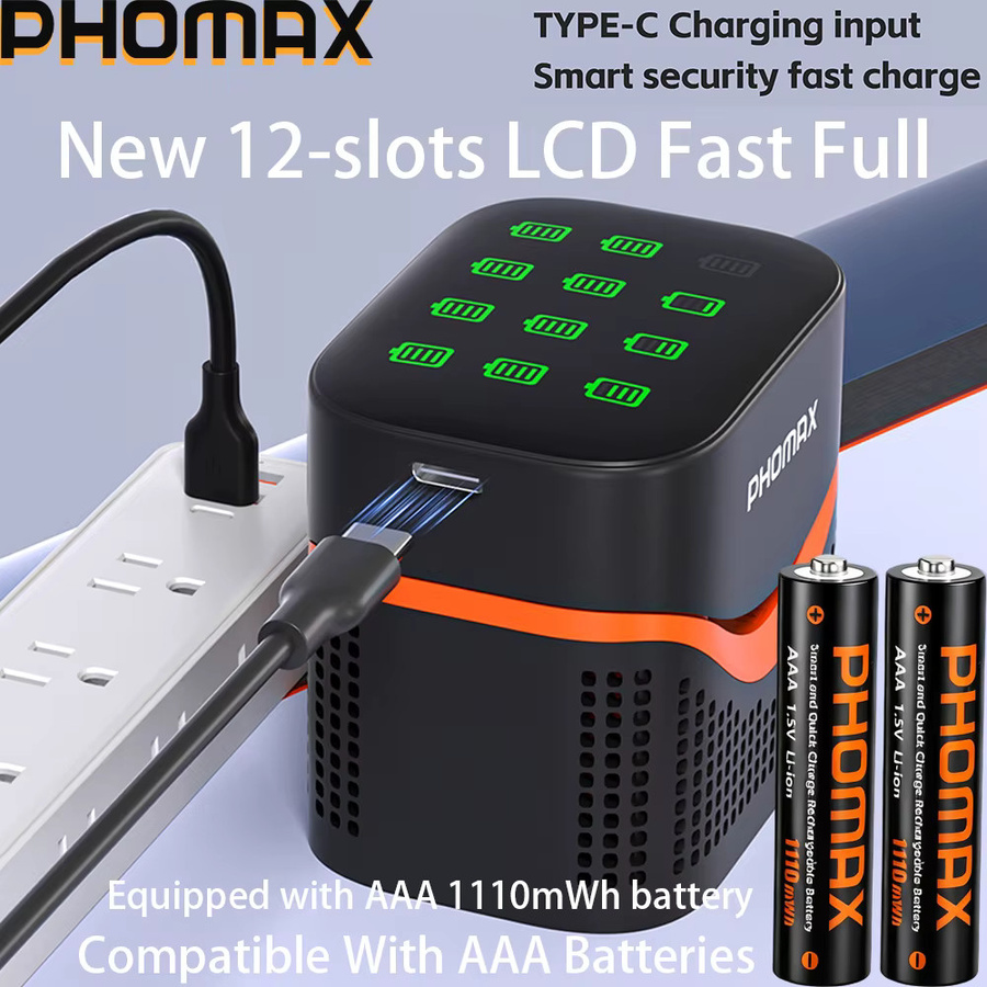 PHOMAX Wiederaufladbare AAA Li-Ion Batterien 1,5V mit 1110mWh und 12-fach LCD Schnellladegerät in Schwarz - Bild 5