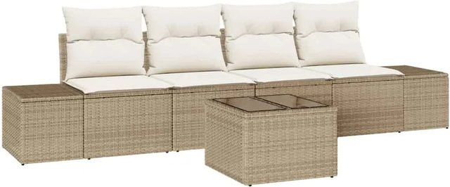 vidaXL Garten-Sofa-Set aus Poly-Rattan in Beige und Creme mit 5 Teilen, inklusive Kissen und Couchtisch - Bild 1