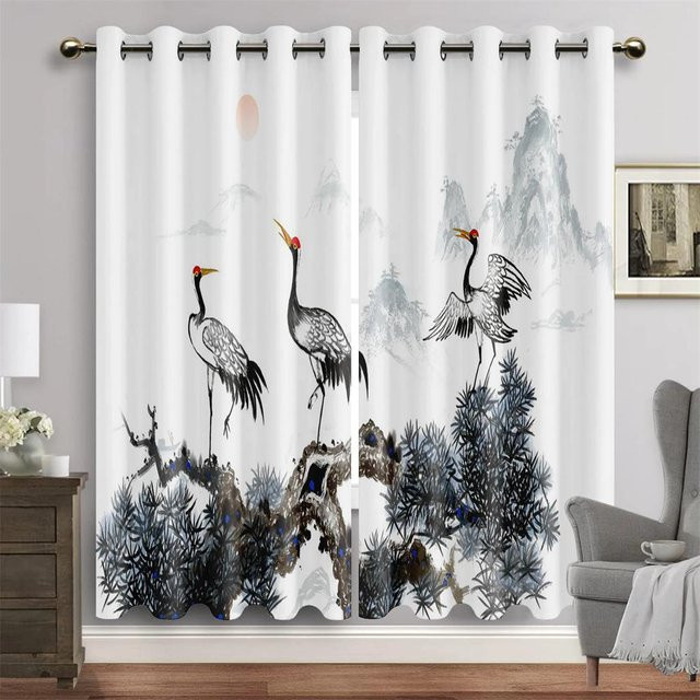 2er-Set Fenstervorhang mit traditionellem chinesischem Landschaftsmotiv in Tintenoptik, halbtransparent, Polyester, Breite: 65 cm, Höhe: 60 cm - Bild 1