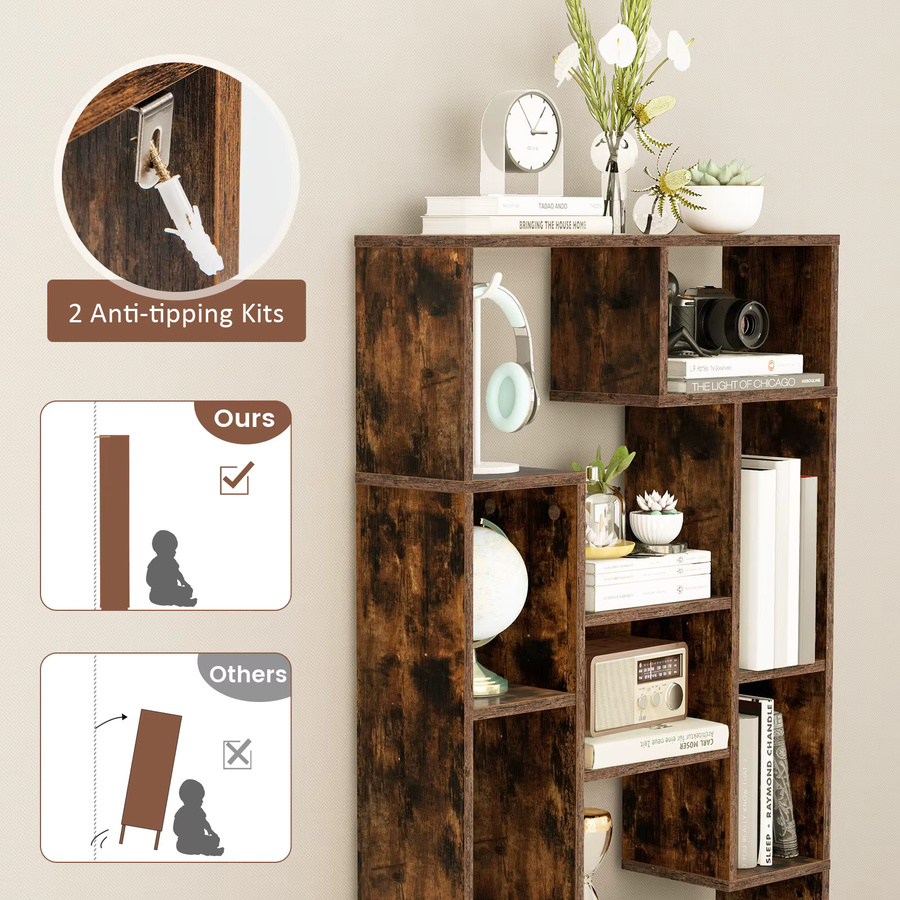 GOFLAME Bücherregal aus Holz in Braun mit 9 Fächern und Neigungsschutz, Breite: 120 cm - Bild 4