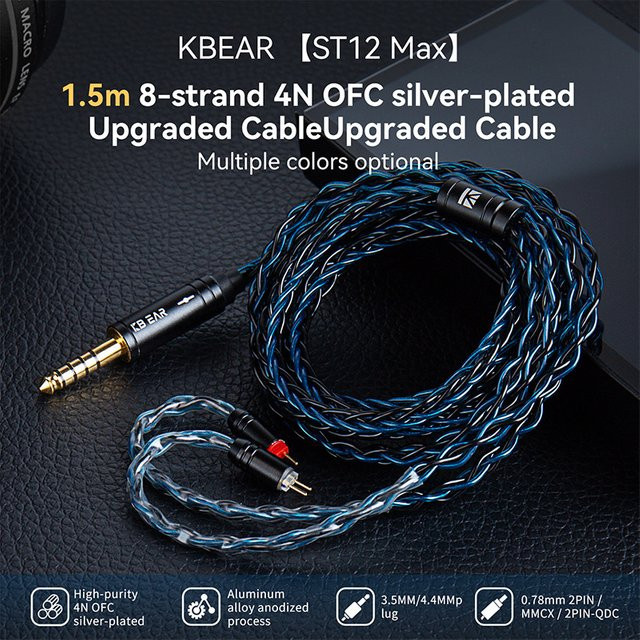 KBEAR ST12 Max IEM-Kabel, 8-adriges versilbertes OFC-Kabel für In-Ear-Kopfhörer, Länge: 1,5 m, Anschluss: 2PIN/QDC/MMCX, Farben: Silber/Schwarz/Blau - Bild 1