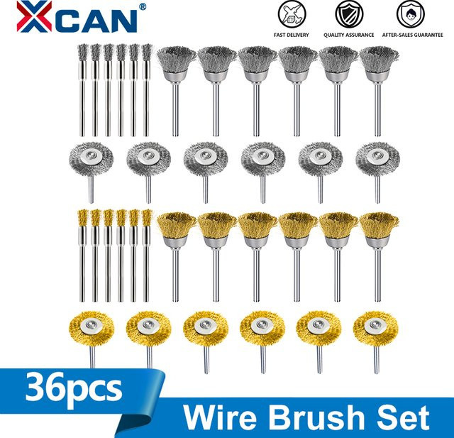 XCAN 36-teiliges Bürsten-Set aus Messing und Stahl für Dremel-Drehwerkzeuge mit 3 mm Schaft zum Polieren und Schleifen in Gold und Silber - Bild 1