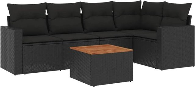 vidaXL 6-tlg Garten-Sofagarnitur aus Poly-Rattan und Akazienholz in Schwarz mit Kissen - Bild 1