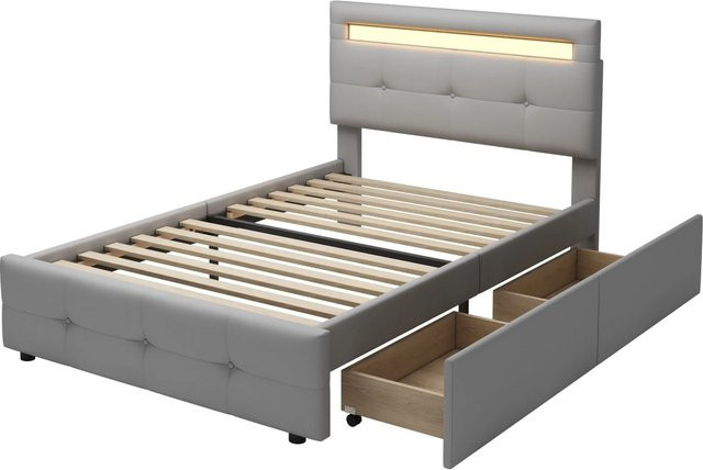 Merax Polsterbett mit LED-Unterbettbeleuchtung und Schubladen in Grau, B/T: 90 x 200 cm - Bild 1