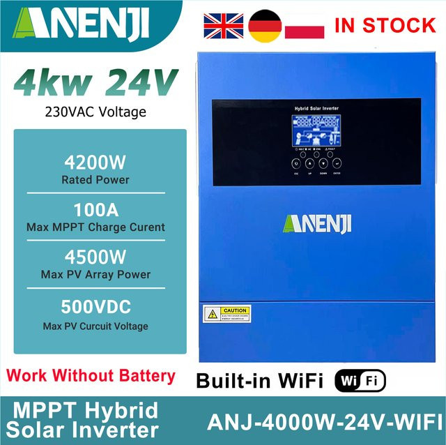 ANENJI Hybrid Solar-Wechselrichter 4KW 24V Off-Grid mit MPPT 100A, Reiner Sinuswellen-Solarregler mit WIFI-Unterstützung und BMS, Blau - Bild 1