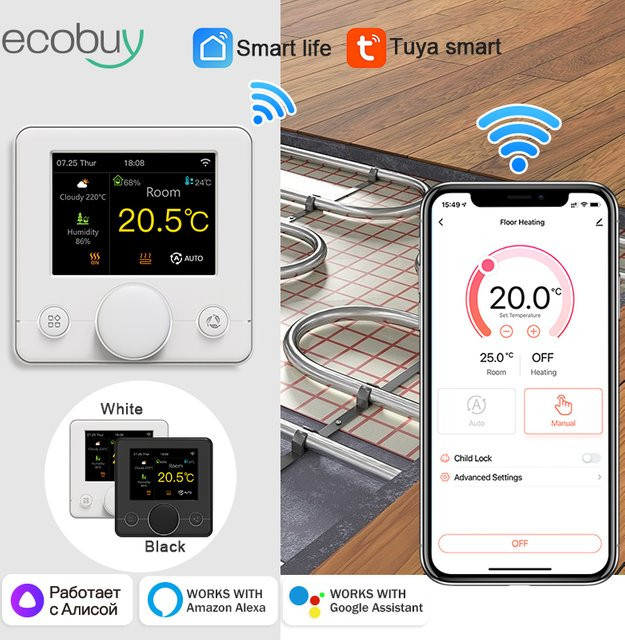 Tuya Smart WiFi Thermostat für elektrische Bodenheizung und Gasheizung in Schwarz mit Alexa und Google Home Integration - Bild 1
