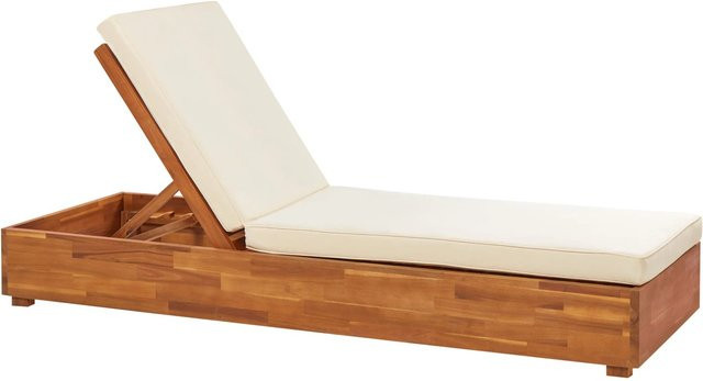 Beliani Gartenliege aus Akazienholz in Heller Holzfarbe und Weiss mit verstellbarer Kopfstütze, B/T/H: 190 x 63 x 23 cm - Bild 1