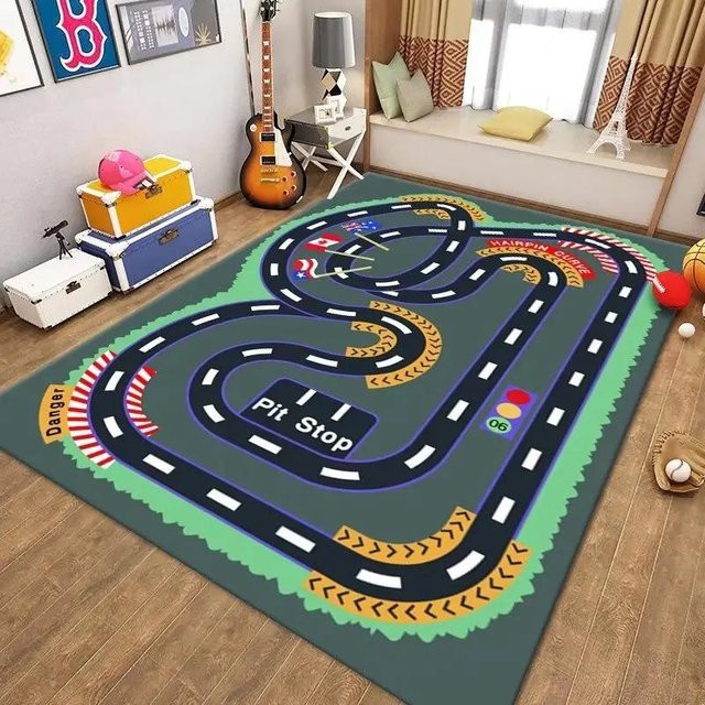 Karpetti Spielteppich Verkehr und Straße aus Flanell, rutschfeste und waschbare Matte für Kinderzimmer und Wohnzimmer, B/T: 80 x 120 cm, Mehrfarbig - Bild 1