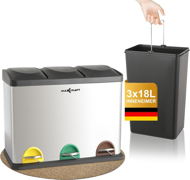 MAXCRAFT Treteimer mit 3 herausnehmbaren Behältern, 54 Liter, Silber - Bild 1