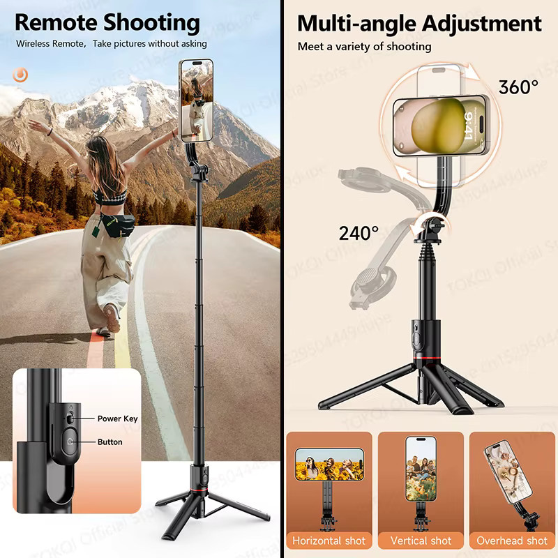 TOKQI Magnetischer Smartphone-Halter mit ausziehbarem Selfie-Stick und kabelloser Bluetooth-Fernbedienung in Schwarz - Bild 4