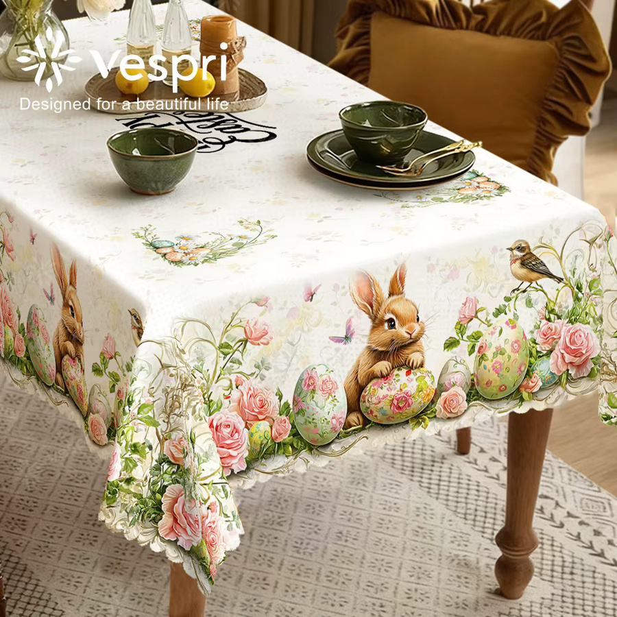 Vespri Oster-Tischdecke aus Polyester in Weiß und Hellgrün mit Hasen-, Vogel- und Blumenmuster für deine Osterdekoration - Bild 4