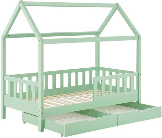 Juskys Kinderbett Marli aus Kiefernholz mit Bettkasten in Grün, B/T/H: 160 x 80 x 125 cm - Bild 1