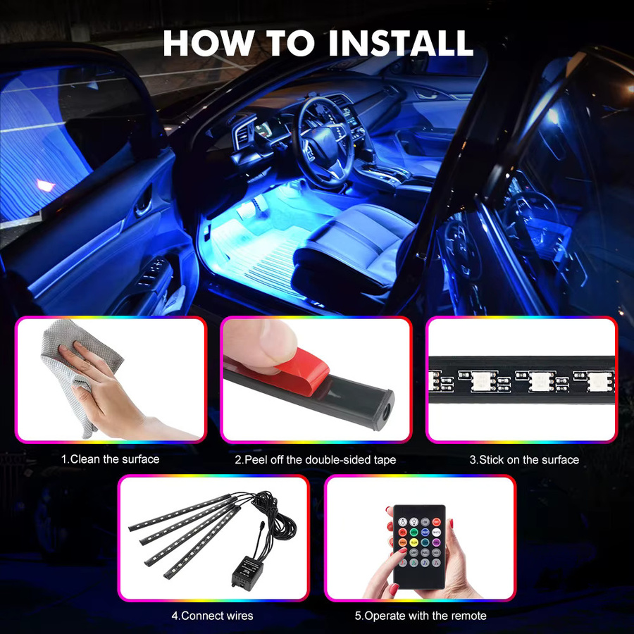 Bevinsee RGB LED Auto-Fußraumbeleuchtung und Unterbodenbeleuchtung mit Musik-Synchronisation, Mehrfarbig, USB und 12V Dual-Stromversorgung inklusive Fernbedienung - Bild 4