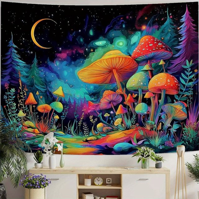 VIKAMA Pilz-Wandteppich im Bohemian-Stil mit floralem Design und Mond-Motiv, Mehrfarbig, Textil-Wanddekoration zum Aufhängen - Bild 1