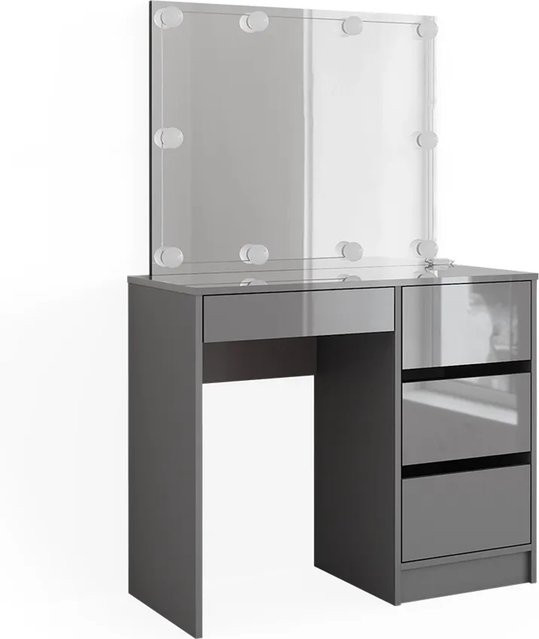 Vicco Schminktisch Sherry Grau Hochglanz mit LED-Beleuchtung und Hocker, B: 90 cm, H: 75 cm, T: 40 cm - Bild 2