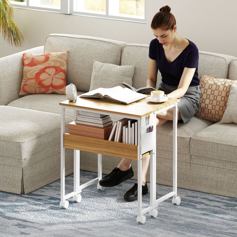 HOMCOM Klappschreibtisch mit Rollen und Regal in Natur Braun, platzsparender Computertisch mit Aufbewahrungstasche für dein Home Office, Breite: 63 cm - Bild 2