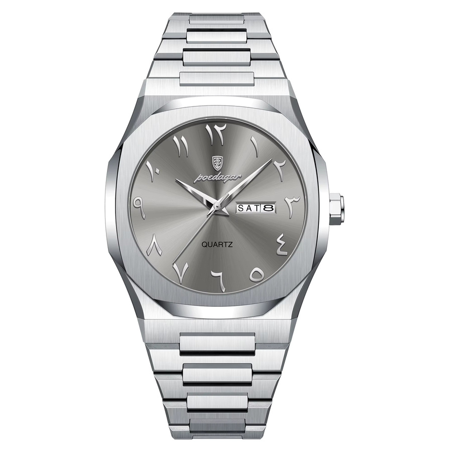 POEDAGAR Armbanduhr, Quarz, Edelstahl, Silber, Herren, Wochentag, Datum - Bild 7
