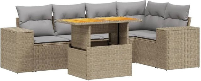 vidaXL 6-tlg Garten-Sofagarnitur in L-Form mit Kissen und Couchtisch, Beige, Poly Rattan und Akazienholz - Bild 1